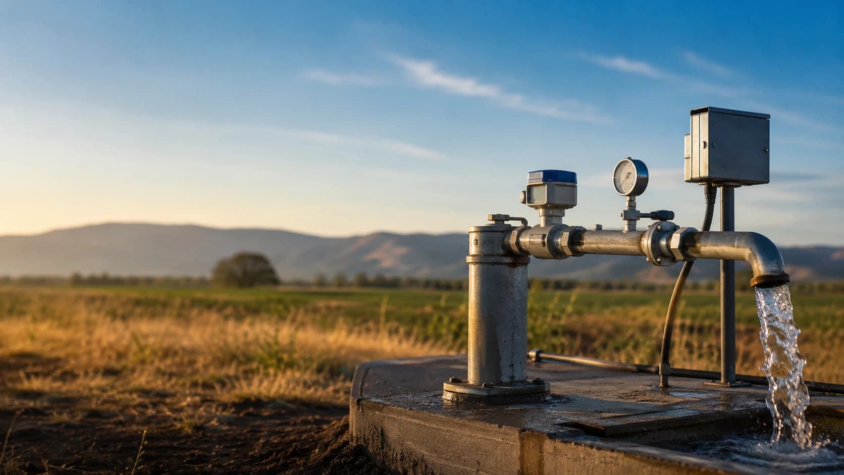 Cabezal de pozo con caudalímetro y equipo de telemetría en un campo, bajo el sol de la tarde