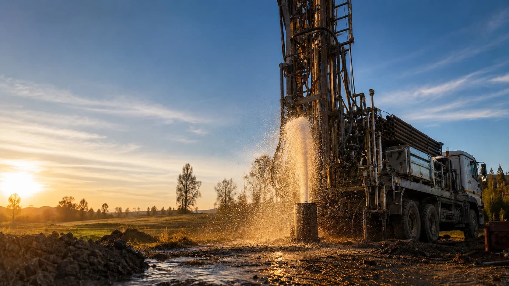 Perforadora de pozo profundo montada en camión, con el agua brotando bajo el sol de la tarde