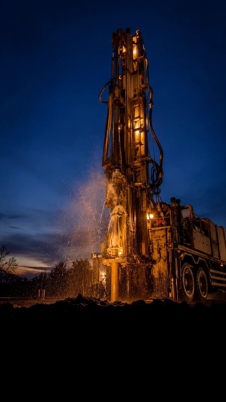 Torre de perforación iluminada de noche con el agua brotando del pozo