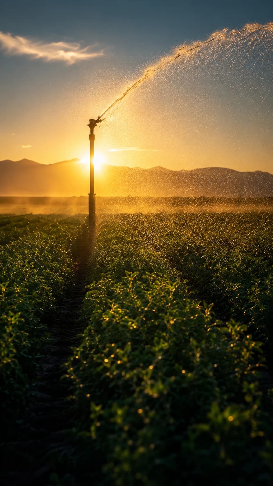 Aspersor regando un cultivo a contraluz del sol poniente